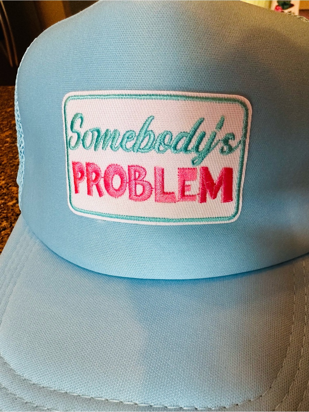 Baby Blue Trucker Hat Somebody’s Problem Embroidered Patch - Picture 2 of 5